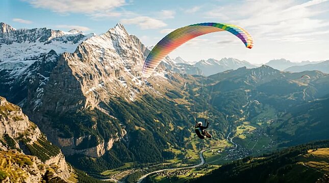 Soaring paragliders over epic alpine valley, breathtaking mountain views, adventure sports, outdoor.