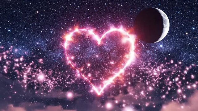 Celestial heart glows amidst starry sky, with soft clouds and a crescent moon