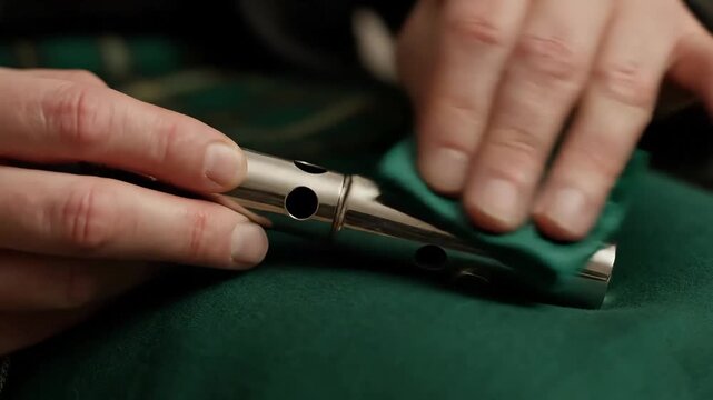 Close-up hands holding scissors cutting green fabric with precision and focus on textile craftsmanship.