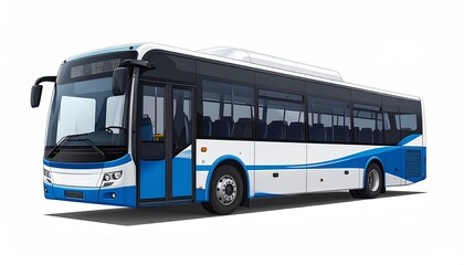 Modern white and blue passenger bus with large windows and sleek aerodynamic design on plain background