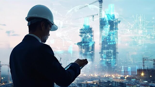 Visionary Blueprint: A seasoned engineer, adorned in a hardhat, engrossed in a futuristic architectural blueprint, envisioning a metropolis in the making.