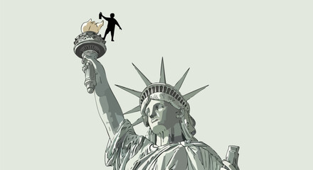 Small silhouetted figure stands precariously atop the torch of the iconic Statue of Liberty against a pale sky. © arifjutt