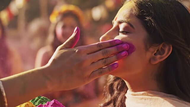A joyful young woman celebrating Holi Festival with a colorful face and a playful hand gesture from another person in a lively outdoor setting with vibrant hues.