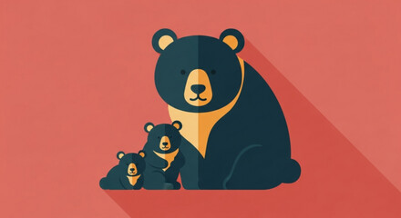 Mother black bear and two adorable cubs sitting together on warm orange background with shadows © Zri