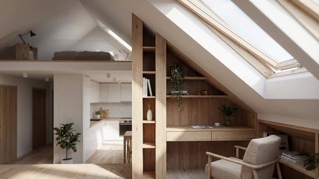 Modern living space with skylights and wooden features in a cozy apartment setting