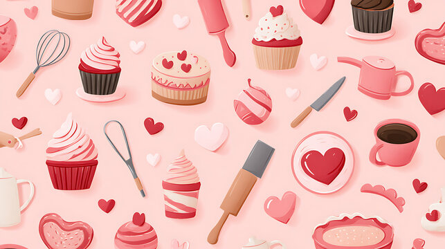 Pink baking theme seamless pattern background, hand drawn cupcake and kitchen tool illustration, repeating dessert and heart texture, Valentine's Day gift wrapping paper and textile design
