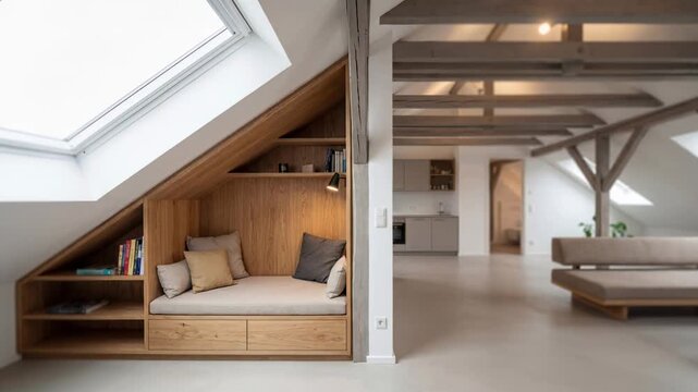 Cozy seating area with skylight in modern apartment interior located in urban setting