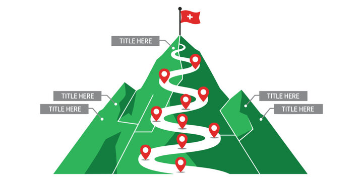 Mountain journey infographic, goal achievement path, business success roadmap, career milestones, strategic planning concept, flat vector illustration