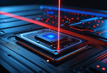Obraz premium Futuristic photonic microchip processor with red laser beam data transmission, optical computing and quantum technology concept.