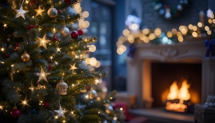 Soft focus on glowing Christmas tree star lights with warm bokeh near a cozy festive fireplace