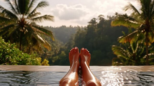 A person relaxes in a pool while their feet dangle in the water. Surrounding palm trees create a tropical atmosphere. The sun sets behind the lush green hills, adding warmth to the moment.