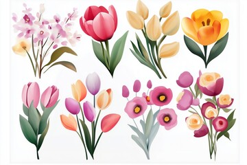 Obraz premium Colorful floral illustration featuring various types of flowers including tulips, roses, and blossoms arranged in a vibrant display on a white background with copy space