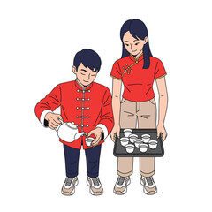 A boy and a woman in traditional Chinese attire performing a tea ceremony, with the boy pouring tea into cups while the woman holds a tray of cups.
