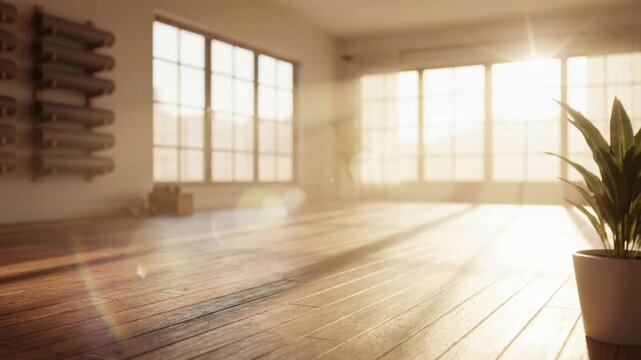 Bright sunlight pours into an empty room with wooden floors and a plant in a pot by the window during afternoon hours