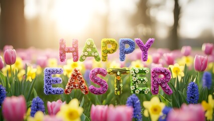 Happy easter wishes in a vibrant spring floral garden