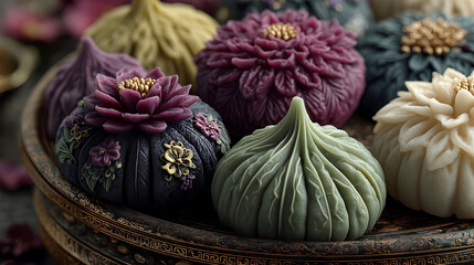 Royal Style Carved Wagashi on Gold Platter, Premium Fusion Dessert for Events & Gift Box Design
