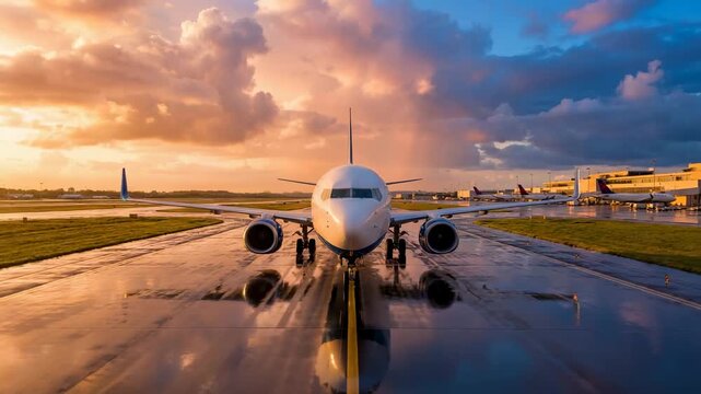 Airplane on runway during sunset at a busy airport with clouds in the sky