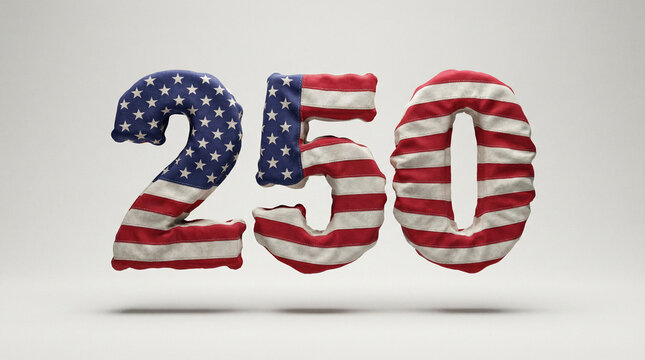 Number 250 Made of American Flag Fabric in Patriotic Red White and Blue, USA Independence Concept