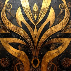 Ornate floral pattern in gold on dark textured background, intricate and stylized with curved lines and swirling motifs
