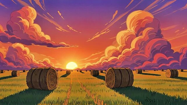 Strohballen auf einem Feld im goldenen Sonnenuntergand und atemberaubender Wolkenstimmung footage.
