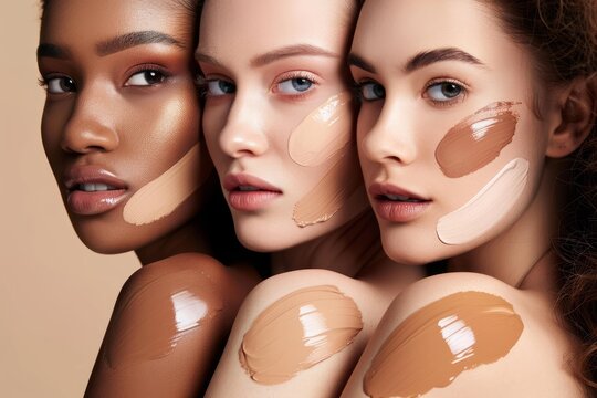 Three models with diverse ethnicities are showcasing various foundation shades, highlighting the importance of inclusive beauty products