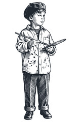 A little boy, a young artist in a beret, holds a palette and a paintbrush. Hand-drawn vector illustration in a vintage engraving or sketch style.