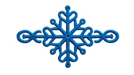 Blue embroidered snowflake, symmetrical winter ornament, isolated on transparent background, decorative textile element, festive holiday design, intricate pattern, cozy and cheerful style