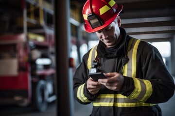 Fototapeta premium Firefighter wearing protective gear and helmet using smartphone in a fire station