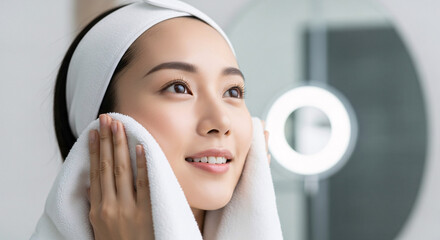 Beautiful Asian woman gently drying her face with a soft towel after skincare routine, glowing with a clean and fresh look.