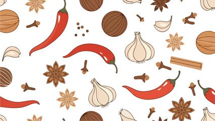 Seamless Pattern of Assorted Spices and Seasonings for Culinary Backgrounds