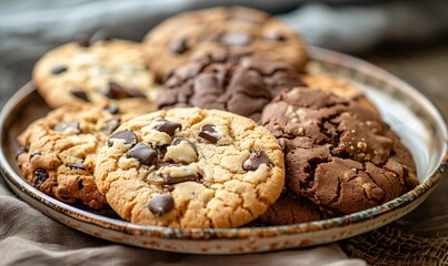 Assorted freshly baked cookies on a plate featuring chocolate chip, oatmeal raisin, and sugar varieties