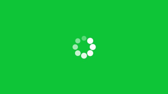 White loading spinner with fading dots on green screen. Animated circle loading video icon.