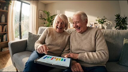 Senior couple on sofa reviewing colorful activity charts on tablet. They wearing smart ring on finger. Digital health insights, retirement planning and home comfort. - Powered by Adobe