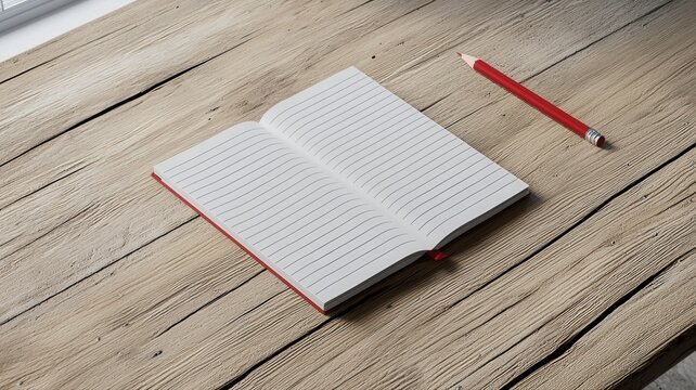 Open Lined Notebook and Red Pencil on Rustic Wooden Desk notebook pencil desk rustic paper writing