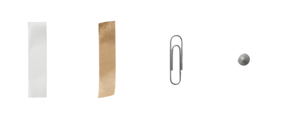 Set of white strip brown kraft tape metal paperclip and metal pin for scrapbooking collage craft design and stationery projects