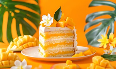 Vibrant mango cake with fresh slices and mousse on a bold orange background