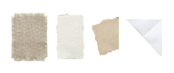 Set of burlap fabric handmade paper torn kraft sheet and folded white corner for rustic...