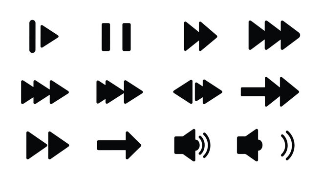A collection of black media player control icons including play, pause, fast forward, rewind, skip, and volume controls on a white background.