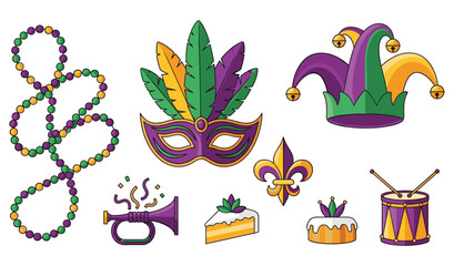 Mardi Gras Icons Beads Mask Jester Hat Trumpet Cake Fleur de lis and Drum © Nurlaily