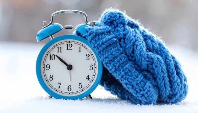 Blue analog alarm clock with white face and black numbers wearing blue fleece hat, cozy winter concept.