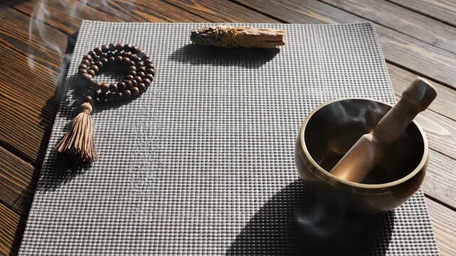 Meditation and yoga preparation with Palo Santo smoke. Singing bowl and mala beads on a mat in sunlight. Spiritual cleansing and mindfulness ritual