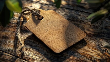 Blank Wooden Tag with Rope on Rustic Wood Table in Sunlight wood rustic rope sunlight table label
