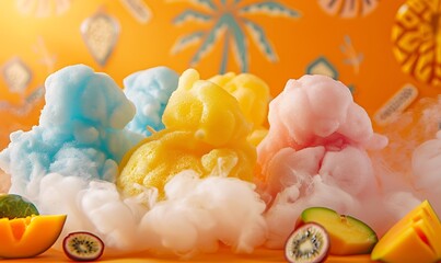 Brightly colored cotton candy in tropical flavors on a vivid orange background