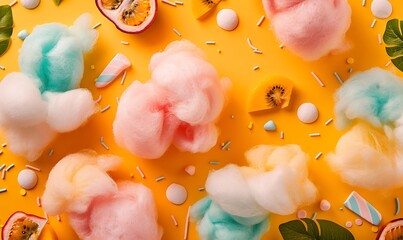 Exotic mango and passion fruit cotton candy showcased in a colorful close-up view