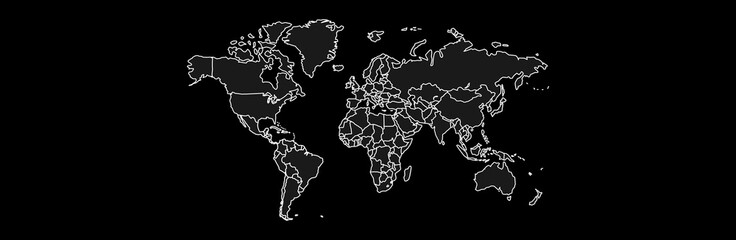 Black world map vector. Futuristic global geography featuring sharp white administrative borders on a dark background. High-quality 2D minimalist illustration for data and technology. © USWATUN