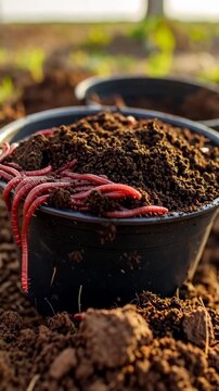 Red wigglers composting worms crawling over dark soil in a black plastic container in a garden bed. Vermicomposting for organic waste decomposition.