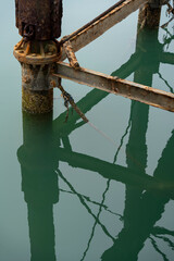 Fototapeta premium The lower reaches of the Tinto Wharf in Huelva. Metal pillars in the water