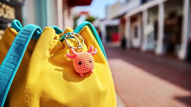 A bright yellow bag with a colorful crochet charm hangs on a hook in a busy shopping area. Stores and shoppers can be seen in the background. Sunlight illuminates the scene.