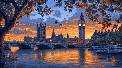 Naklejka premium Ornate architectural complex illuminated against a vibrant twilight sky reflecting upon the flowing river.