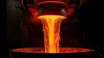Steel Factory, Molten metal pouring from a furnace into a casting mold, showcasing industrial processes and craftsmanship.